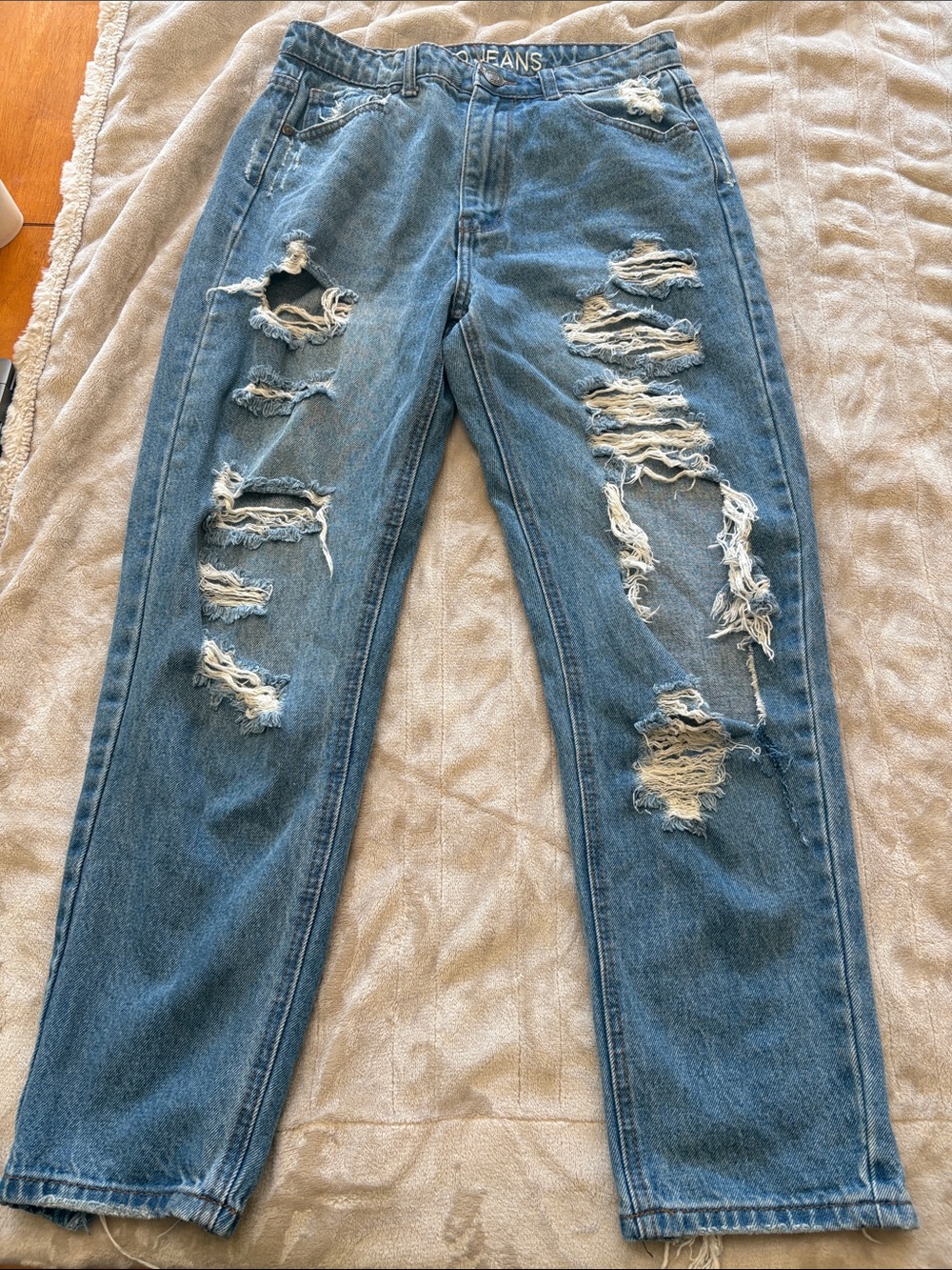 Gogo Distressed High-Rise Mom Jeans - Blue